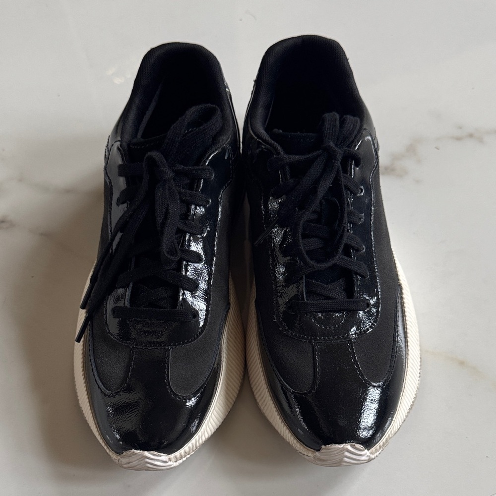 Sorel Black Patent & Suede Low-Top Sneakers with White Snake-Print Accent